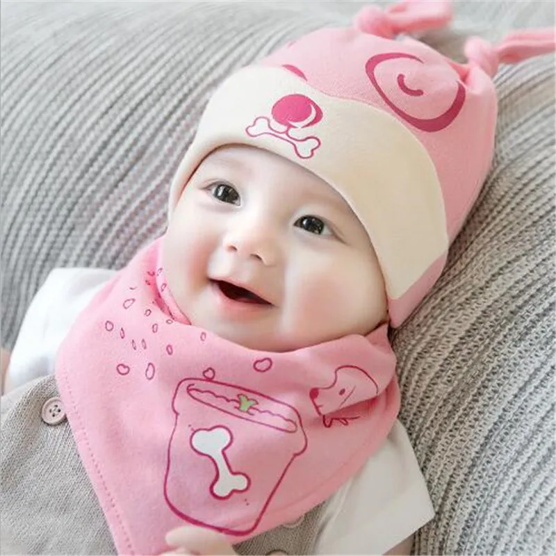 Детский хлопковый костюм с шапкой и нагрудником Милая Хлопковая шапочка с ушками для маленьких мальчиков и девочек от 0 до 8 месяцев, bebe - Цвет: pink sleep dog