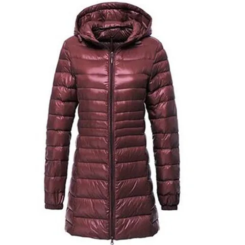 Осень-зима, женский ультра легкий пуховик, длинное теплое пальто с капюшоном, 90% утиный пух, куртки для женщин, тонкая однотонная парка, верхняя одежда RH497 - Цвет: Бургундия