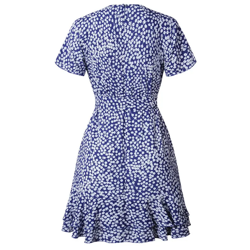 New Women Fashion Summer Casual Daily Loose Dot Printing Short Sleeve Sexy V Neck Mini Dress Evening Party Dress #4A24 (13)