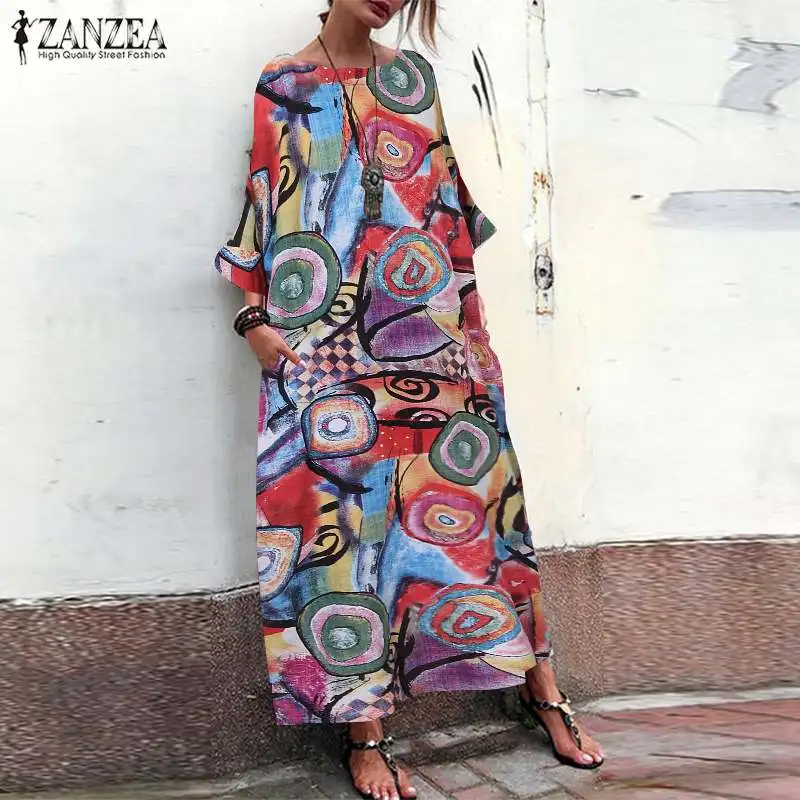 Модное разноцветное платье макси с принтом, женское льняное платье, ZANZEA, винтажное летнее платье с рукавами, сарафан размера плюс, женское платье