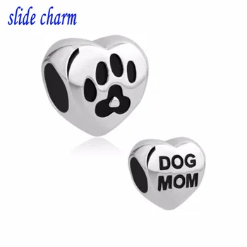 

slide charm Free shipping Heart Love Dog Mom Pet Paw Print Bead fit Pandora bracelet