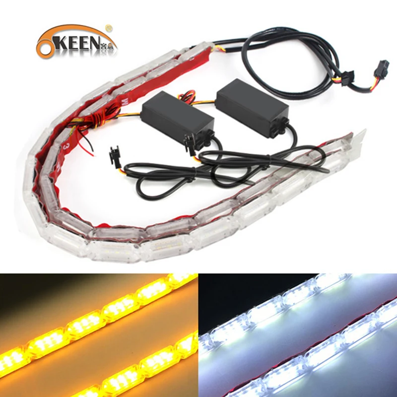 

OKEEN 2pcs Flexible DRL LED Daytime Running Light 6000K White Amber Angle Eyes LED Strip Flow Flash for Car Headlight Assembly