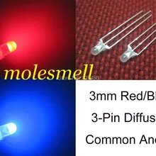 500 шт. 3 мм двойной Би-Цвет рассеянный красный/синий яркий 3-Pin Led общий анод светодиоды лампы 3 мм R/B 3PIN led