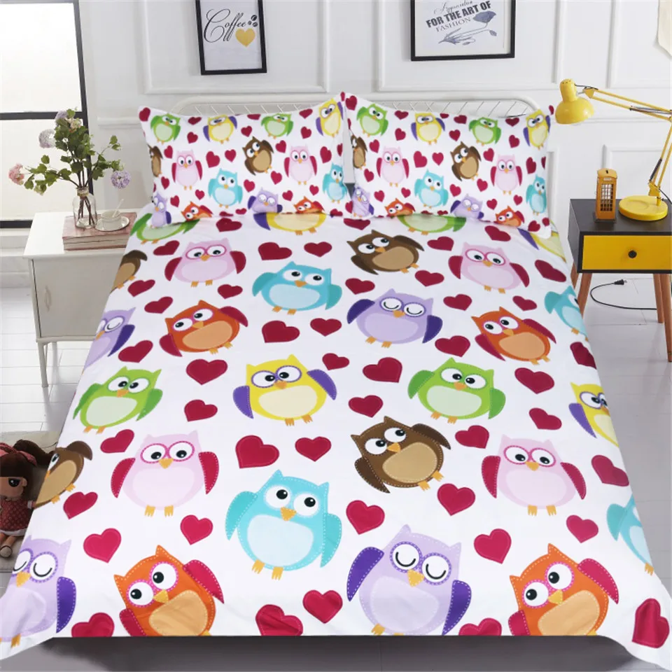 Комплект постельного белья с изображением совы, Комплект постельного белья с рисунком из мультфильма, Комплект постельного белья с одним