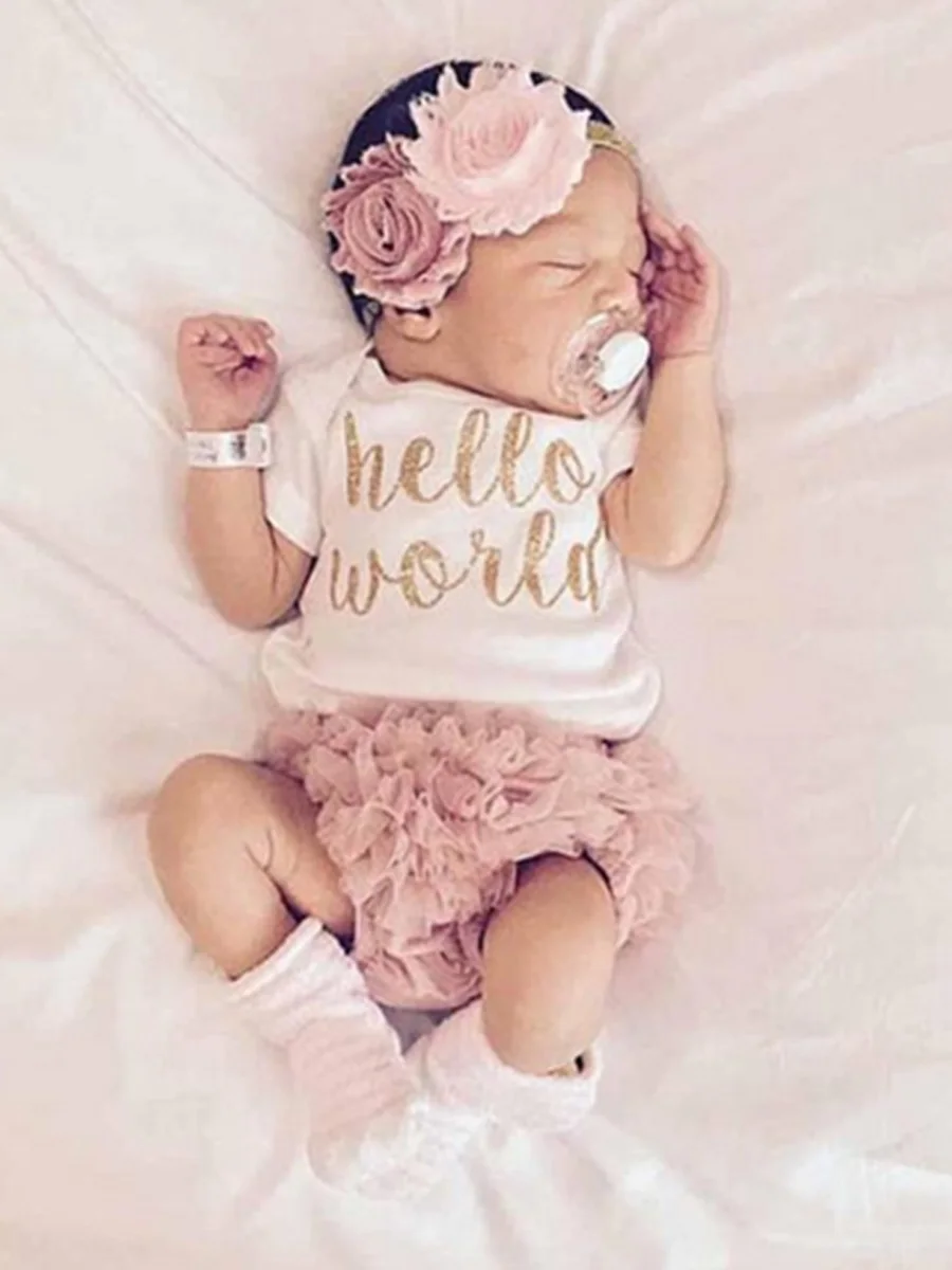 Для новорожденных для маленьких девочек Hello World наряды короткий рукав