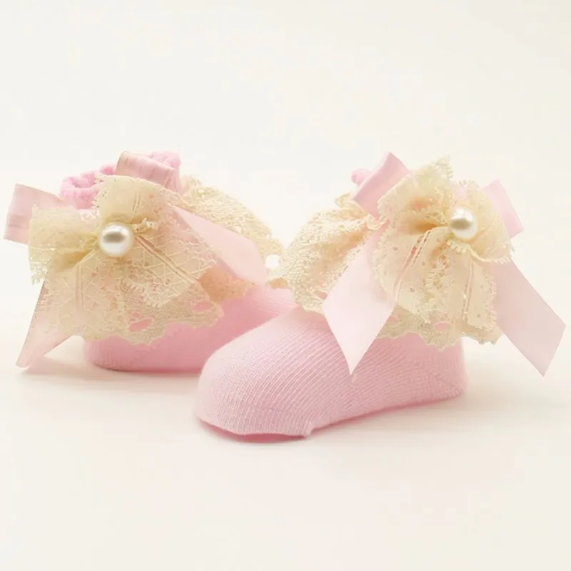 1 пара, кружевные носки с цветами для малышей 0-12 месяцев, милые Новорожденные малыши, хлопковые носки принцессы с бантом на лодыжке для девочек