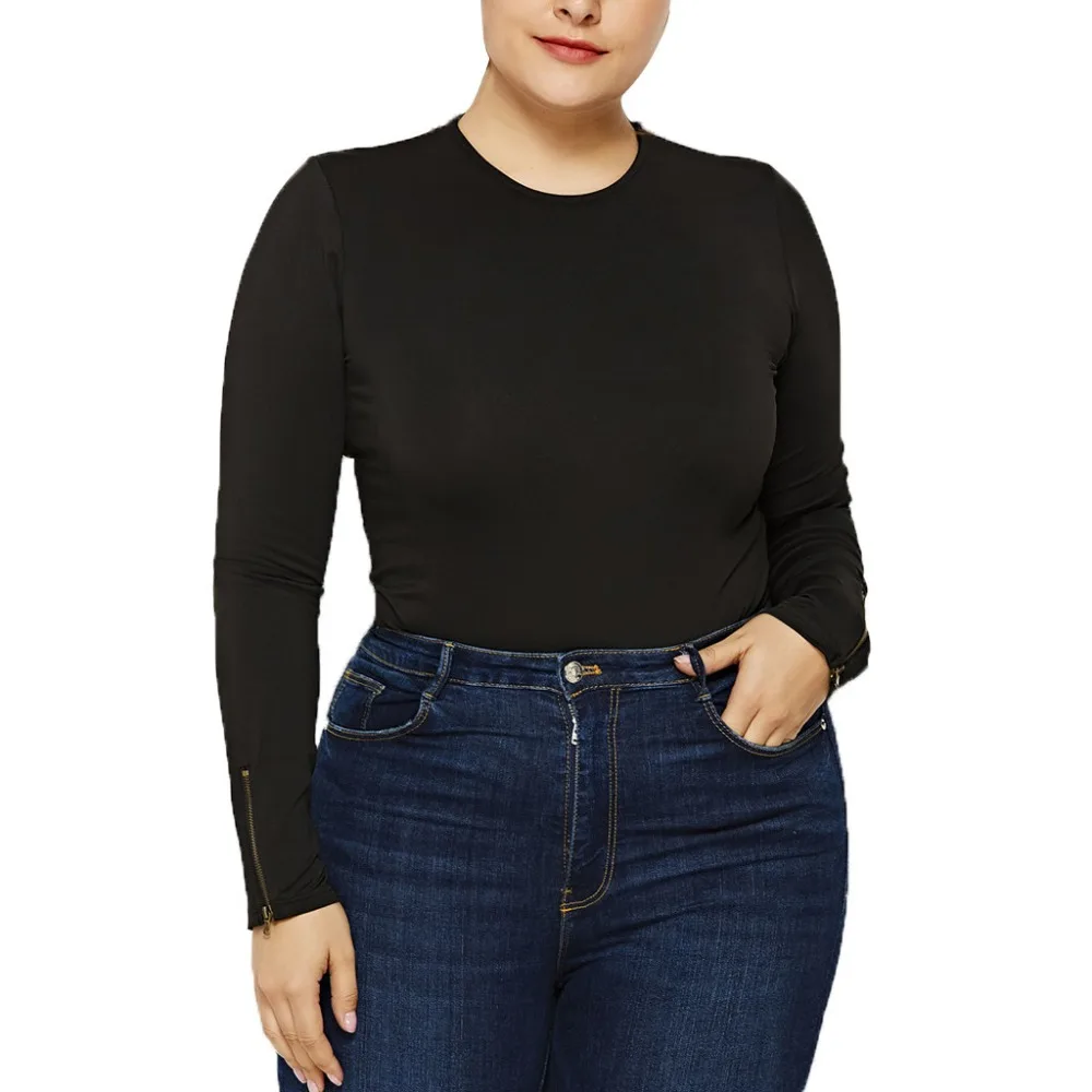 

FREE OSTRICH Large size jumpsuit fashion ladies solid color round leader zipper long sleeve super plus size comfortable jumpsuit