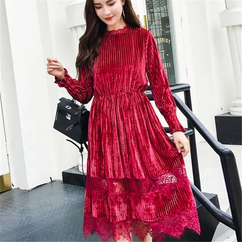 

Female Autumn Winter Dress Robe Vintage Red Lace Velvet Dress Women Long Sleeve Stand Pleated Dresses Femme Vestidos