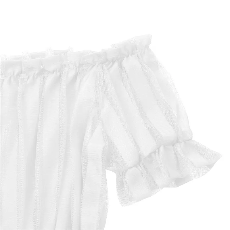 Женский топ с открытыми плечами, летнее платье с короткими рукавами, Полосатое расклешенное Сетчатое прозрачное длинное платье макси, пляжная одежда