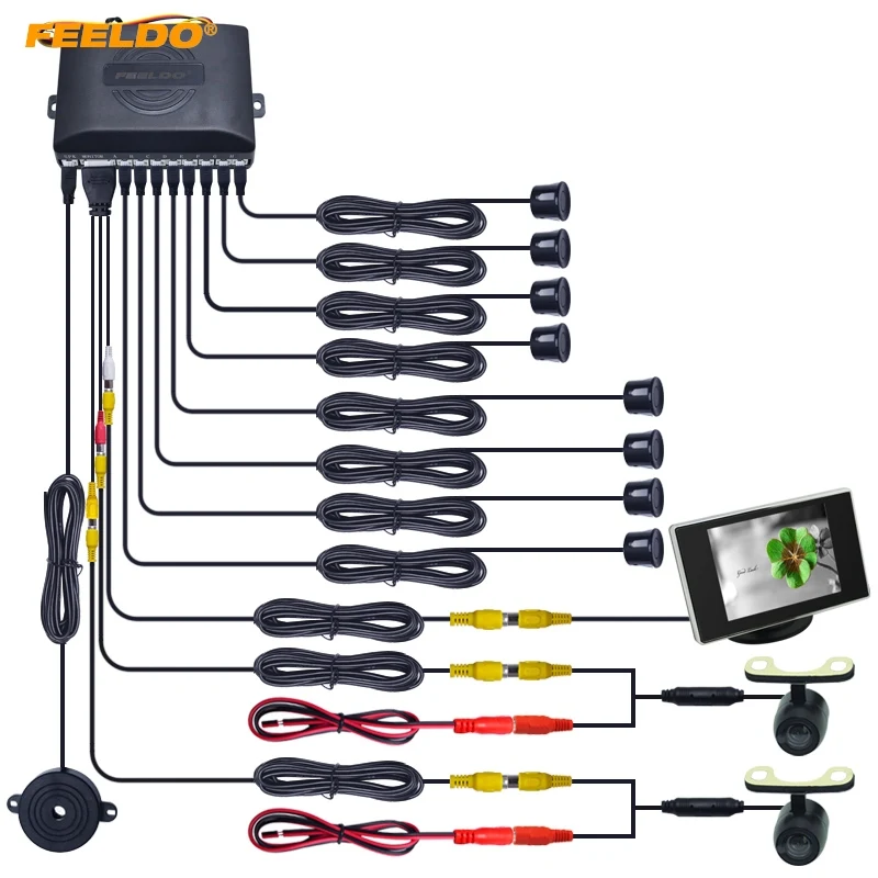 

FEELDO Car 8 Sensors Front&Rear Dual View Parking Sensor Backup Radar System+Monitor+16.5mm Camera #HQ4453