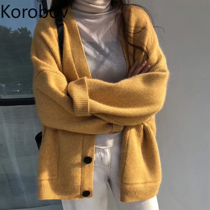 

Korobov New Arrival Cardigan Single Breasted V Neck Korean Solid Sweaters Vintage Oversize Sueter Mujer Jumper Femme 78267