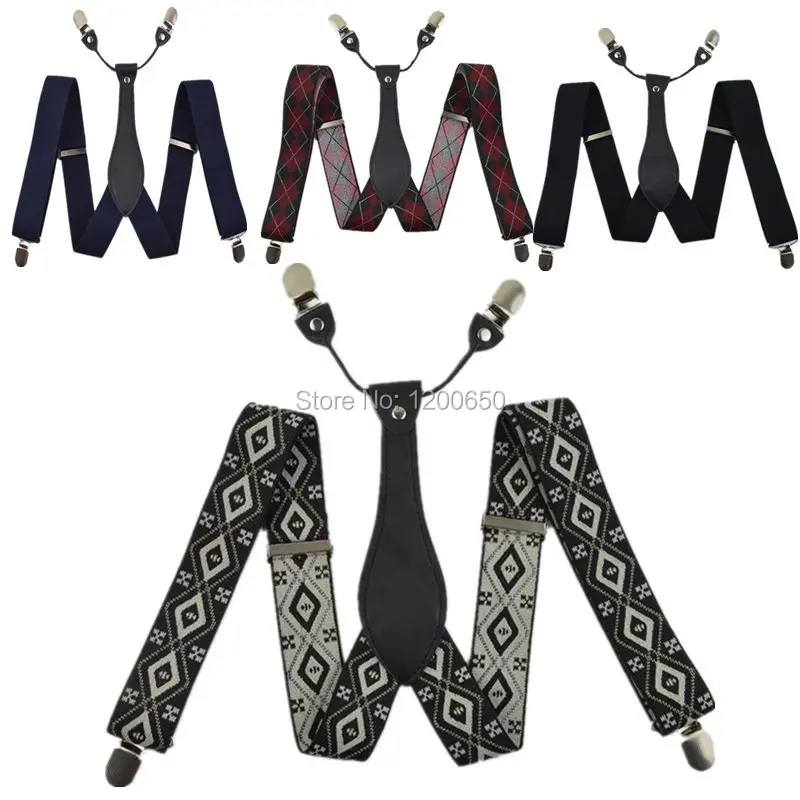 

20 colors mens leather suspenders with 4 clips Adjustable Solid Black/grey/blue trouser elastic strap Grandfather Gifts 3.5 cm