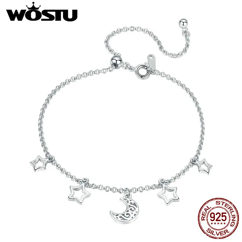 WOSTU, лидер продаж, настоящее 925 пробы, Серебряные звезды и луна, цепочка, регулируемый браслет для женщин и девушек, S925 серебряные ювелирные изделия, подарок CQB107