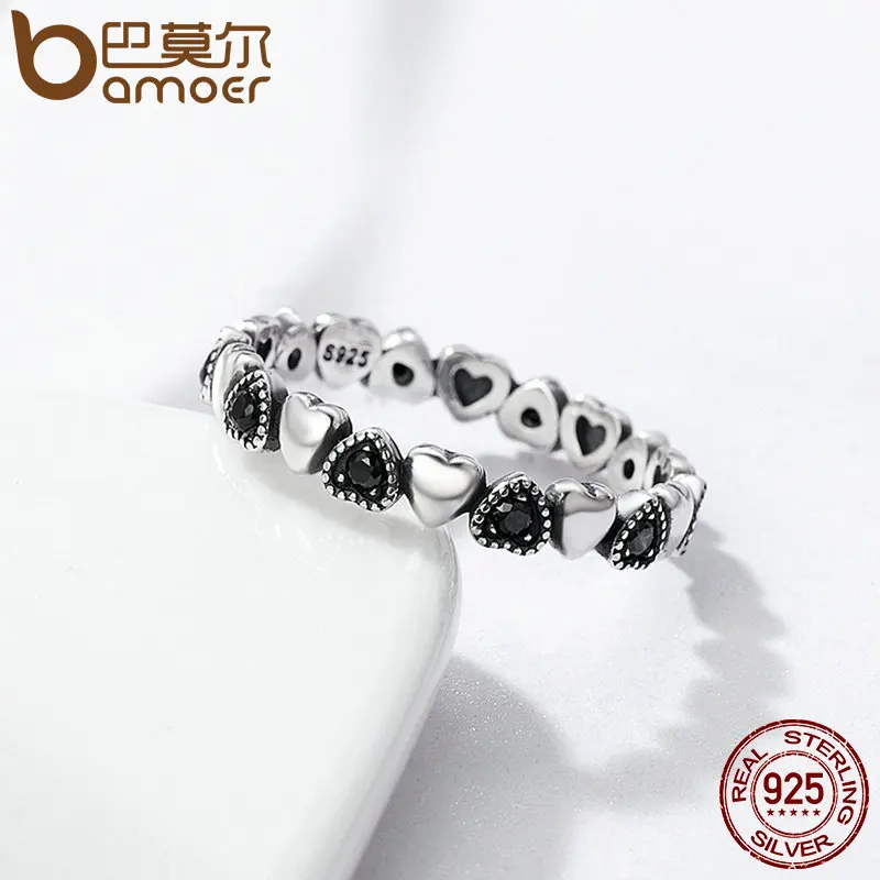 BAMOER Genuine 925 Sterling Silver Stackable Ring Heart Black CZ Finger Rings for Women Wedding Anniversary Jewelry Anel SCR140