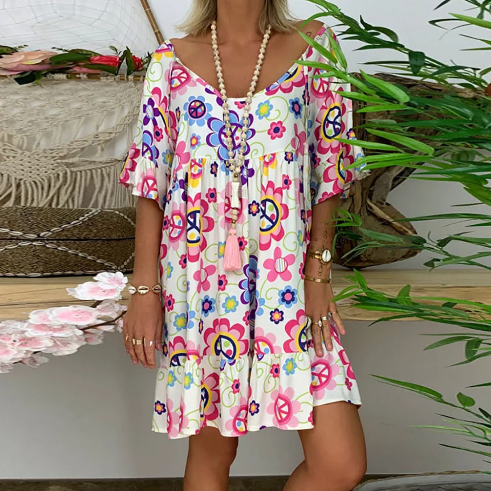 2019 woman summer sexy loose beach dress long print short-sleeved mini beach dress cover up sunscreen beach dress plus size 40J3 (3)
