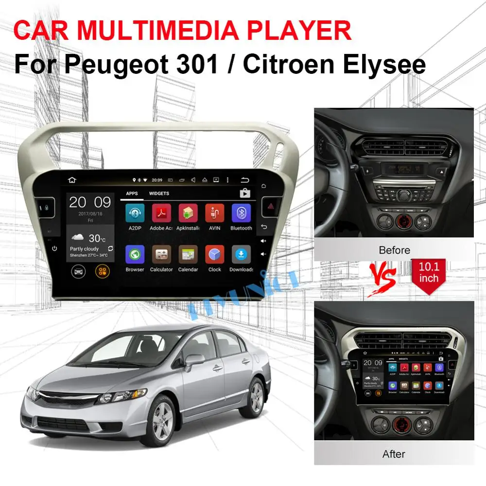 Clearance 10.1 Inch IPS Screen 4GB RAM Android Car Radio Stereo For Peugeot 301/Citroen Elysee 2014 2015 2016 2017 Bluetooth Wifi OBD DAB+ 5