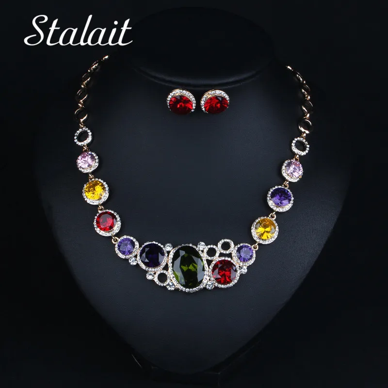 

Simple Round Cubic Zirconia Pendant Jewelry Sets Colorful Crystal Oval Necklace Earring Jewelry Sets