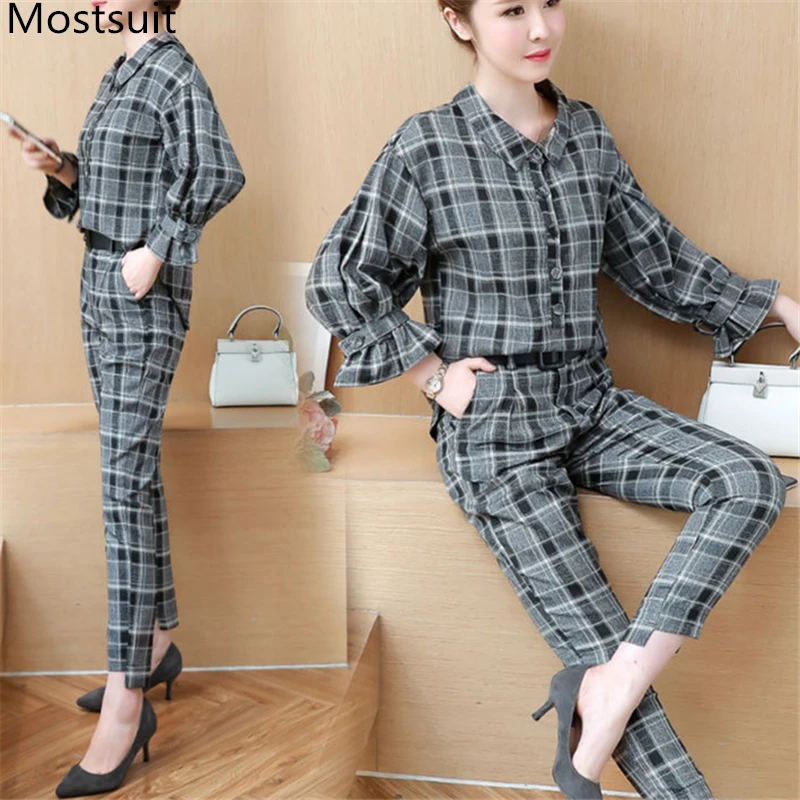

Elegant Plaid 2 Piece Set Women Summer Spring M-2xl Plus Size Long Flare Sleeve Tops Outfits Pants With Belt Tracksuit Suit
