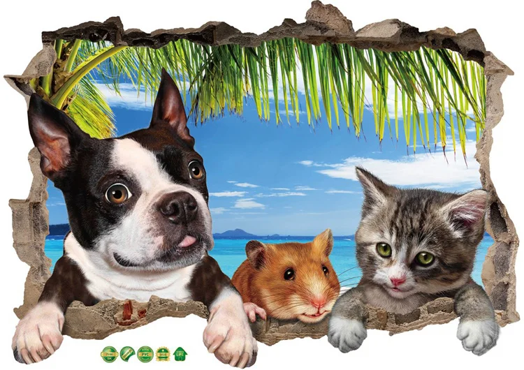 3D кошка собака хомяк животные настенные наклейки с пейзажами для детской комнаты гостиной украшение Фреска домашний Декор наклейки переводки обои