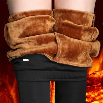 

WKOUD 2018 Winter Warm Trousers Women's Thick Fleeces Hot Pencil Pants High Waist Elastic Solid Leggings Office Lady Pants P8409