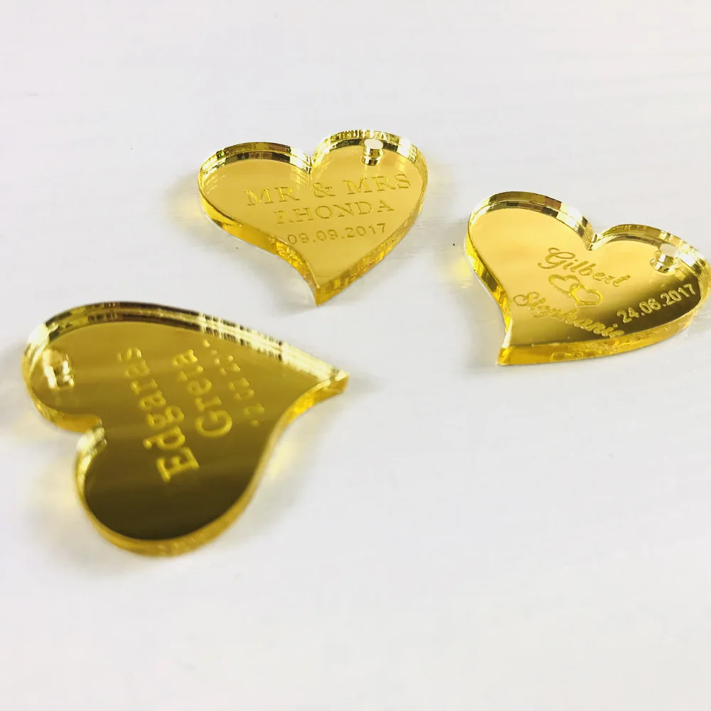 50 pieces Personalized Wedding Gold Mirror Heart Tag Party Favors gift Wedding Decor,Custom Wedding Table Decor  Souvenirs Tag (4)