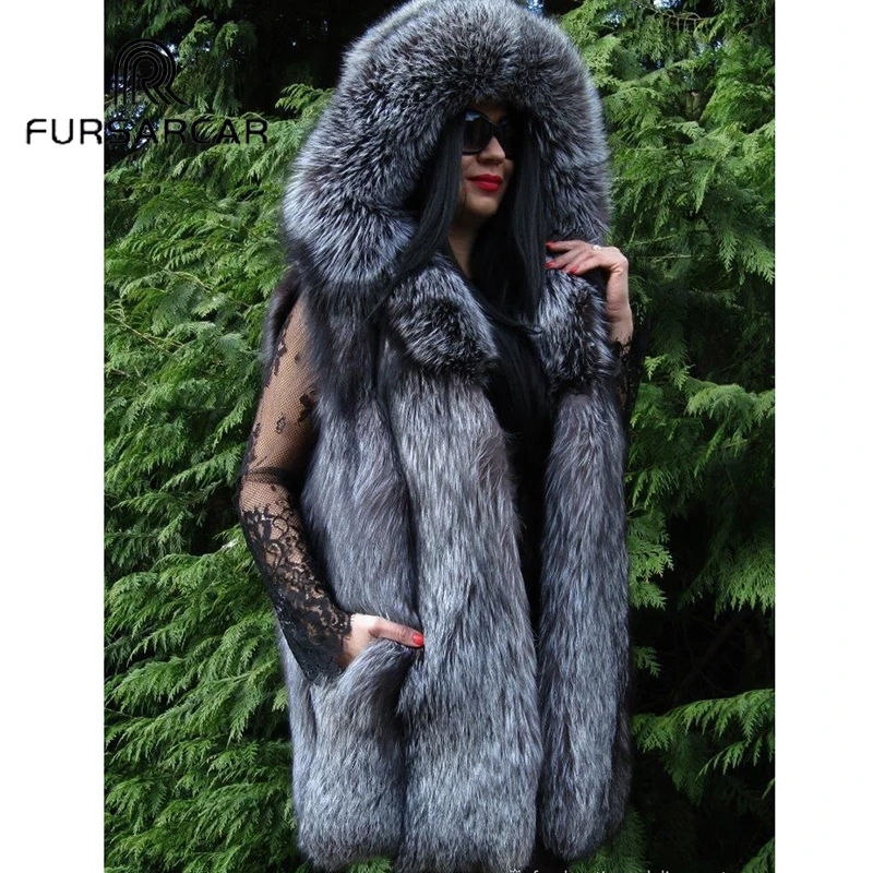 FURSARCAR Роскошные Новая мода натуральный мех жилет Для женщин с капюшоном плотного