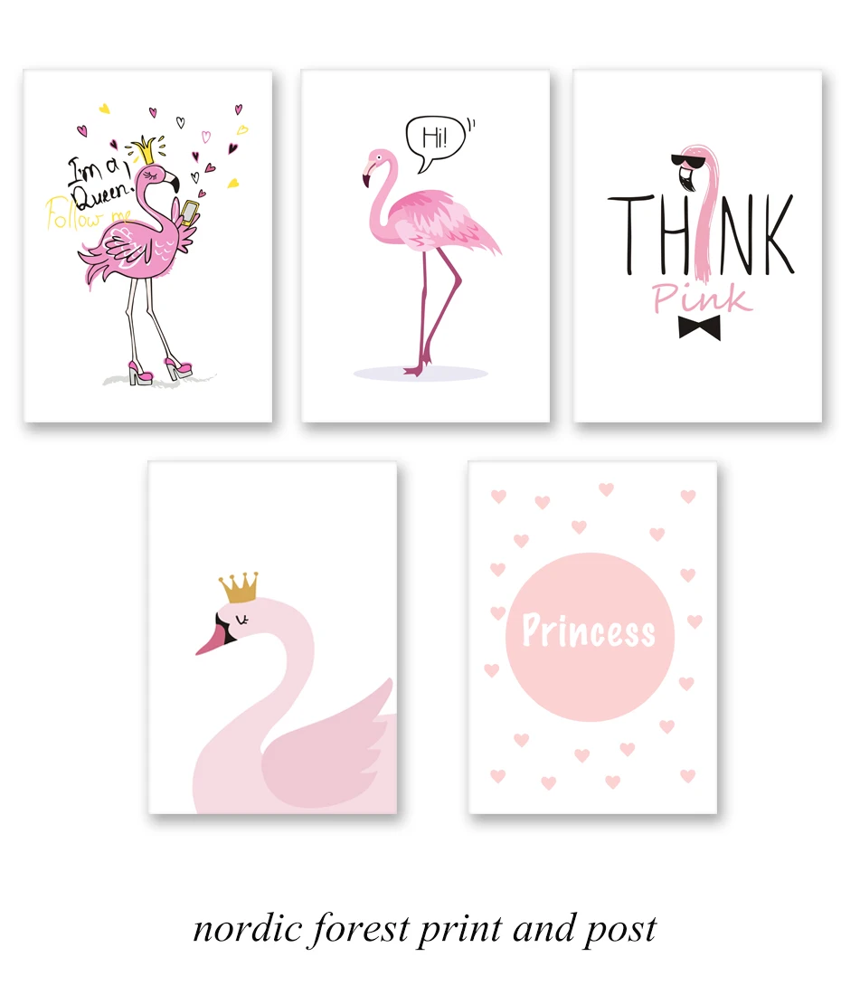 Pink Princess Flamigo Swan Cartoon Wall Art Poster Modern Canvas Painting For Nursery Kids Girl Bedroom Home Decor Wall Picture (1)