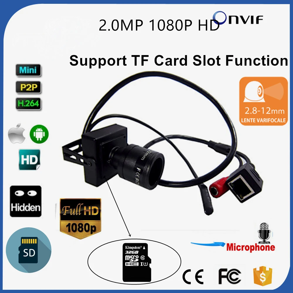 2.8 12mm varifocal 2.0MP 1080P Audio Mini Ip Camera Sd Card Slot Plug