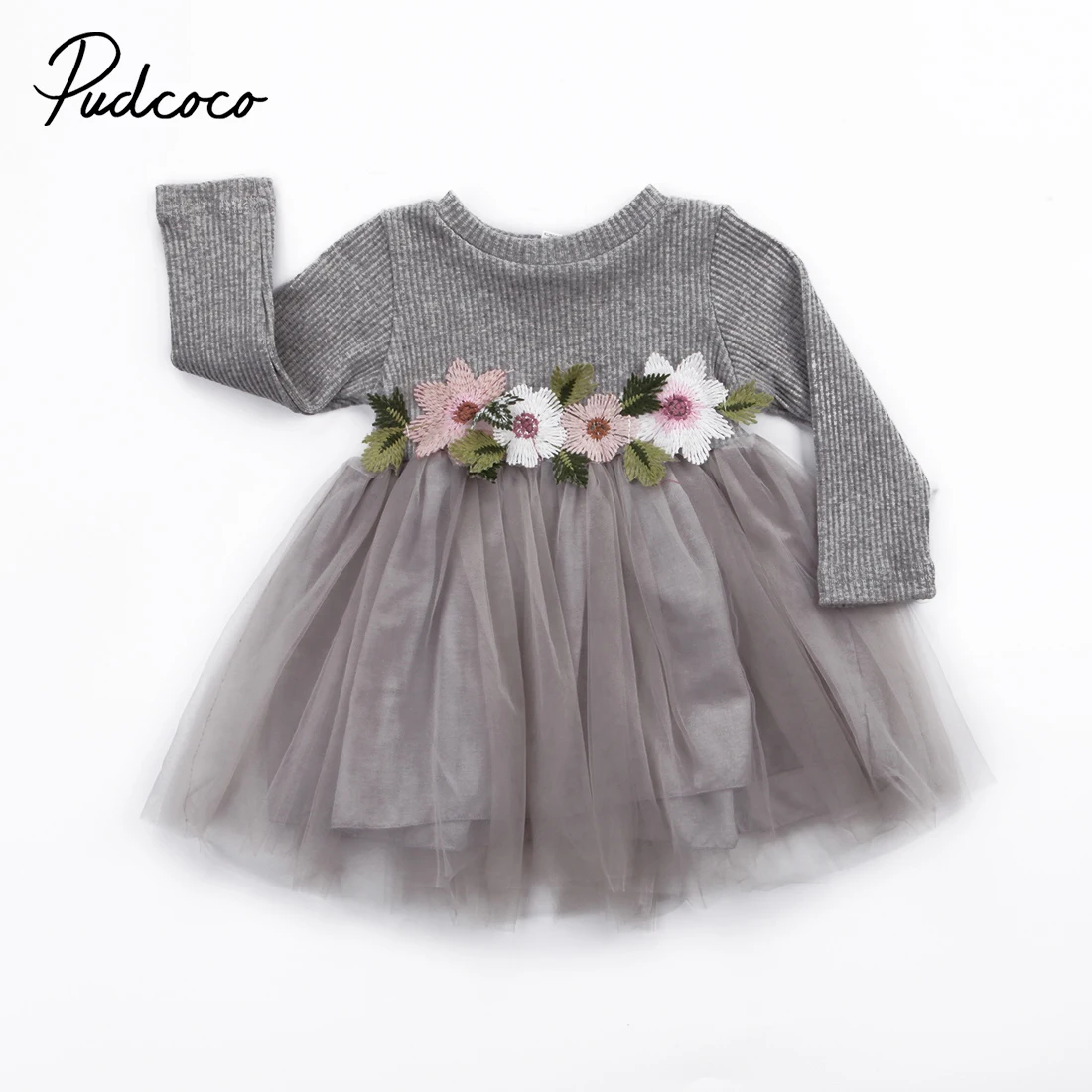 Трикотажное платье-пачка с объемной цветочной вышивкой; детские кружевные платья с длинными рукавами для маленьких девочек; платье принцессы на свадьбу, день рождения, выпускной вечер