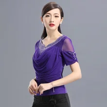 Рубашка для латинских танцев, женский топ для танцев с бриллиантами, короткий рукав, принт, ледяной шелк, топы для танцев, бальный квадратный танцевальный костюм, B-6531