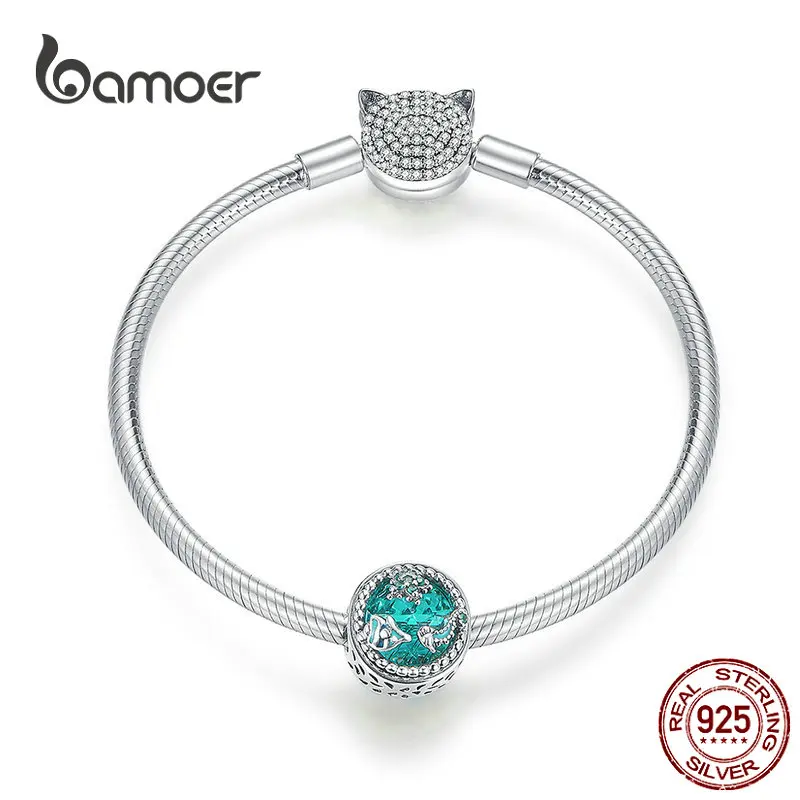 

bamoer Silver Snake Original Charm Bracelets for Women Wedding Clear CZ Cat and Ocean Sea Blue Beads Female Birthday Gift SCB831