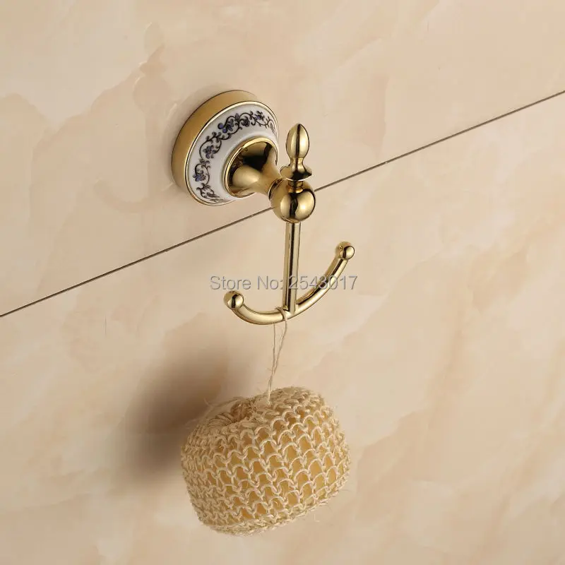 Robe Hooks Golden Finish Wall Mounted Double Hooks Bathroom Accessories