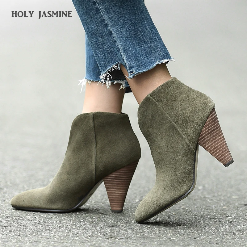 

2019 Autumn Winter New Runway Suede Leather Boats High Heels Sexy Fashion Studded Ankle Boots for Women Spike Heels Women Shoes