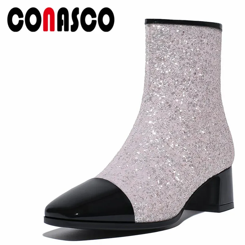 

CONASCO Brand Sequined Cloth Women Ankle Boots Sexy Patchwork Wedding Party Shoes Woman Night Club Prom Pumps Ladies Short Shoes