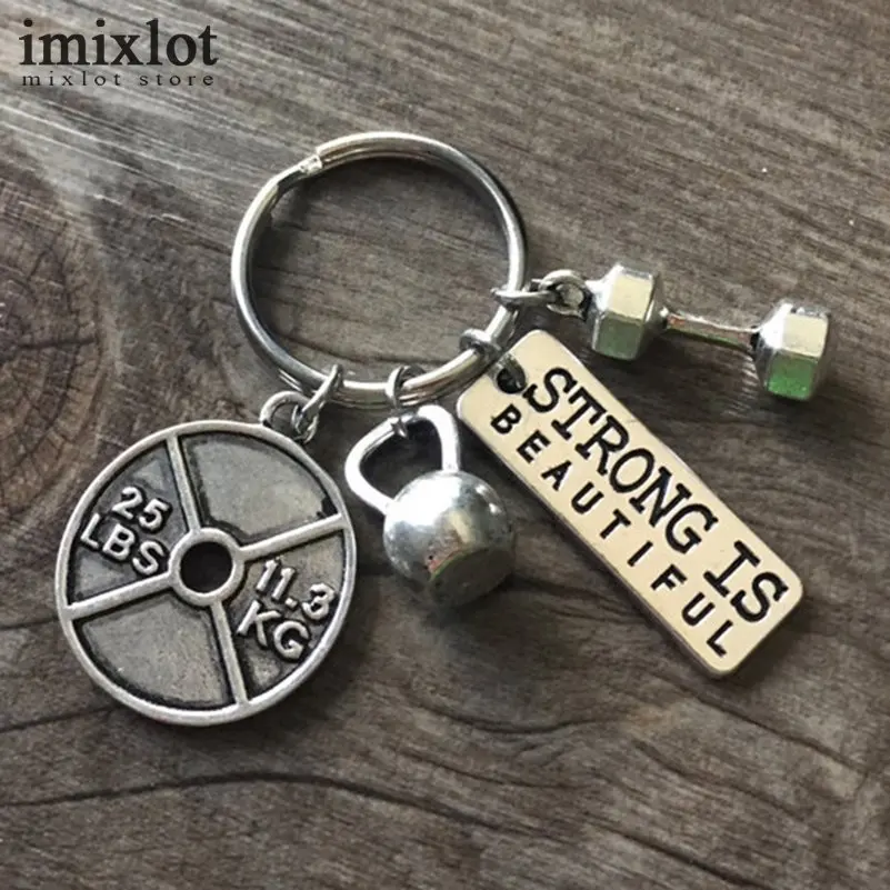 Silver Barbell Dumbbell Fitness Gym Keychain Key Ring With Strong Is
