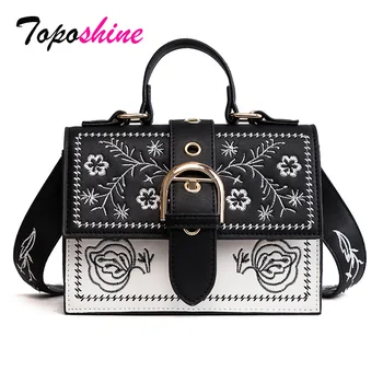 

Toposhine Fashion Women Bag Panelled Vintage Flower Girls Bags for Girls Black PU Leather Women Messenger Bags Drop Shipping
