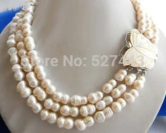 

Wholesale fast 3Strands 17'' 10mmx17mm White Baroque Double Freshwater Pearl Necklace
