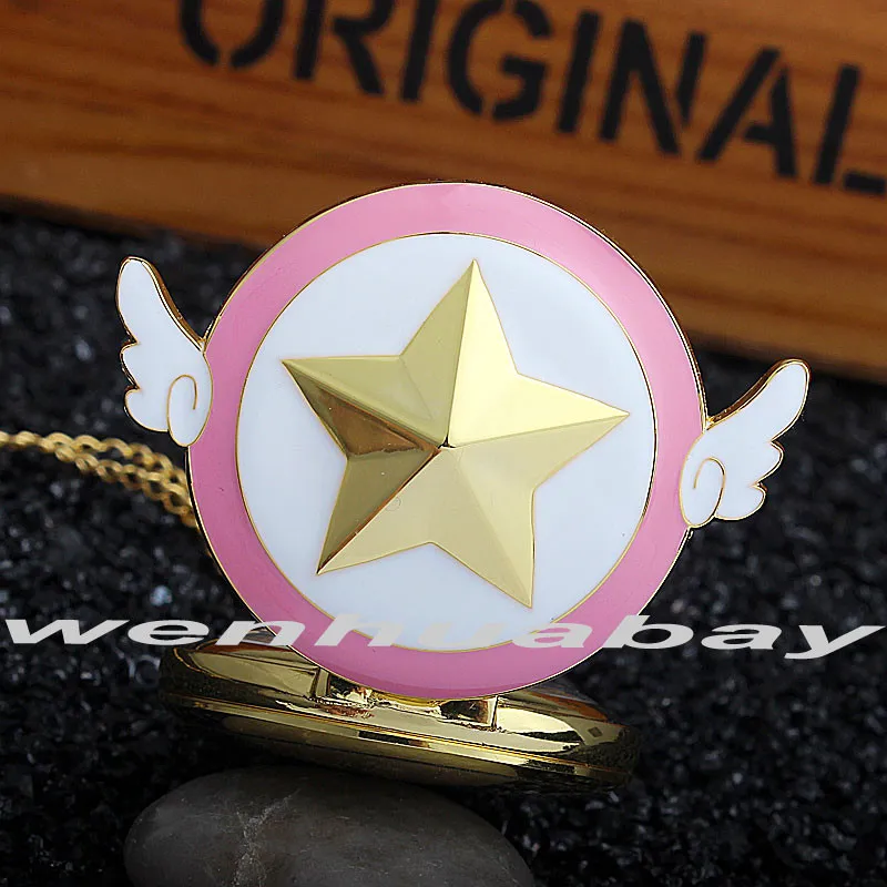 Японское аниме Cardcaptor Sakura золотые карманные часы ожерелье Звезда крылья кулон цепь часы женские Девушки подарок