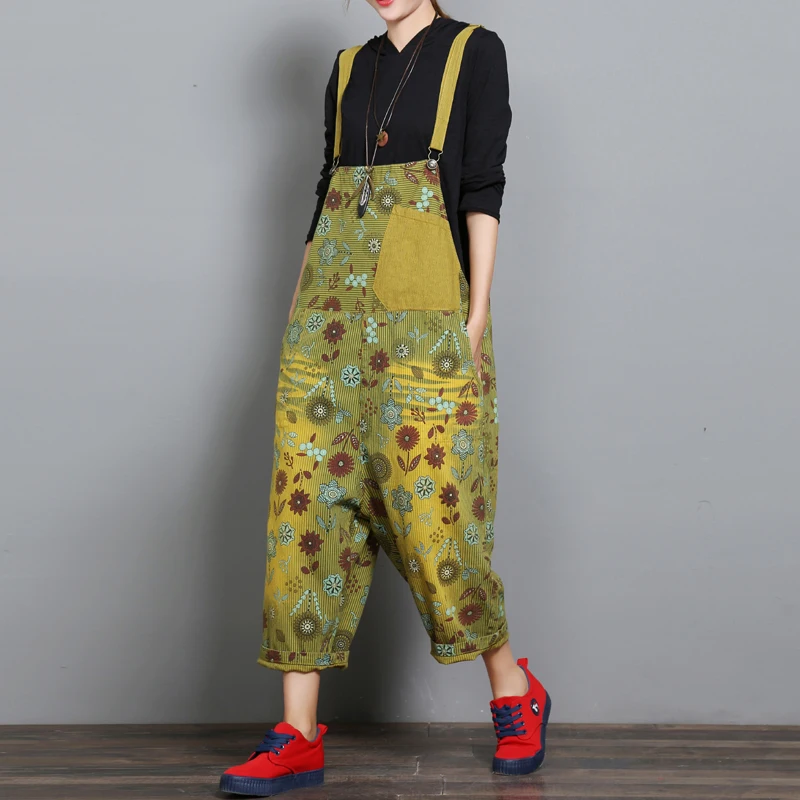 

2019 Women Vintage Printed Flower jean Jumpsuits Female Large size Drop Crotch Denim Rompers cotton Jumpsuit H72