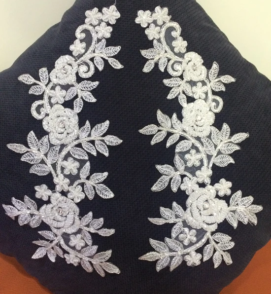 24.5*7CM heavy beaded lace applique motif for prom dress silvery