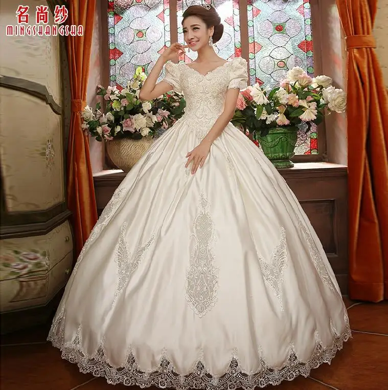 Free Shipping 2017 New A Line Sequined Short Sleeve Ivory Satin Bridal