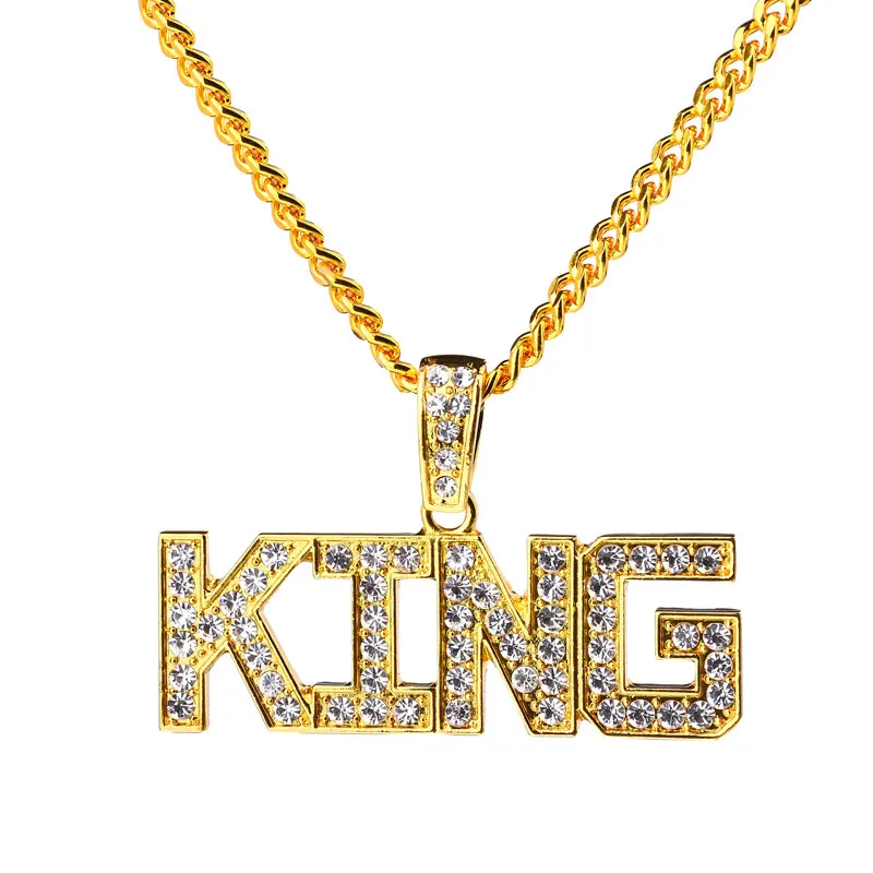 

New Crystal Letter KING Pendant Necklace Big Pendants Full Rhinestone Hip Hop Rap Jewelry 75cm Cuban Chain for Men Women Gift