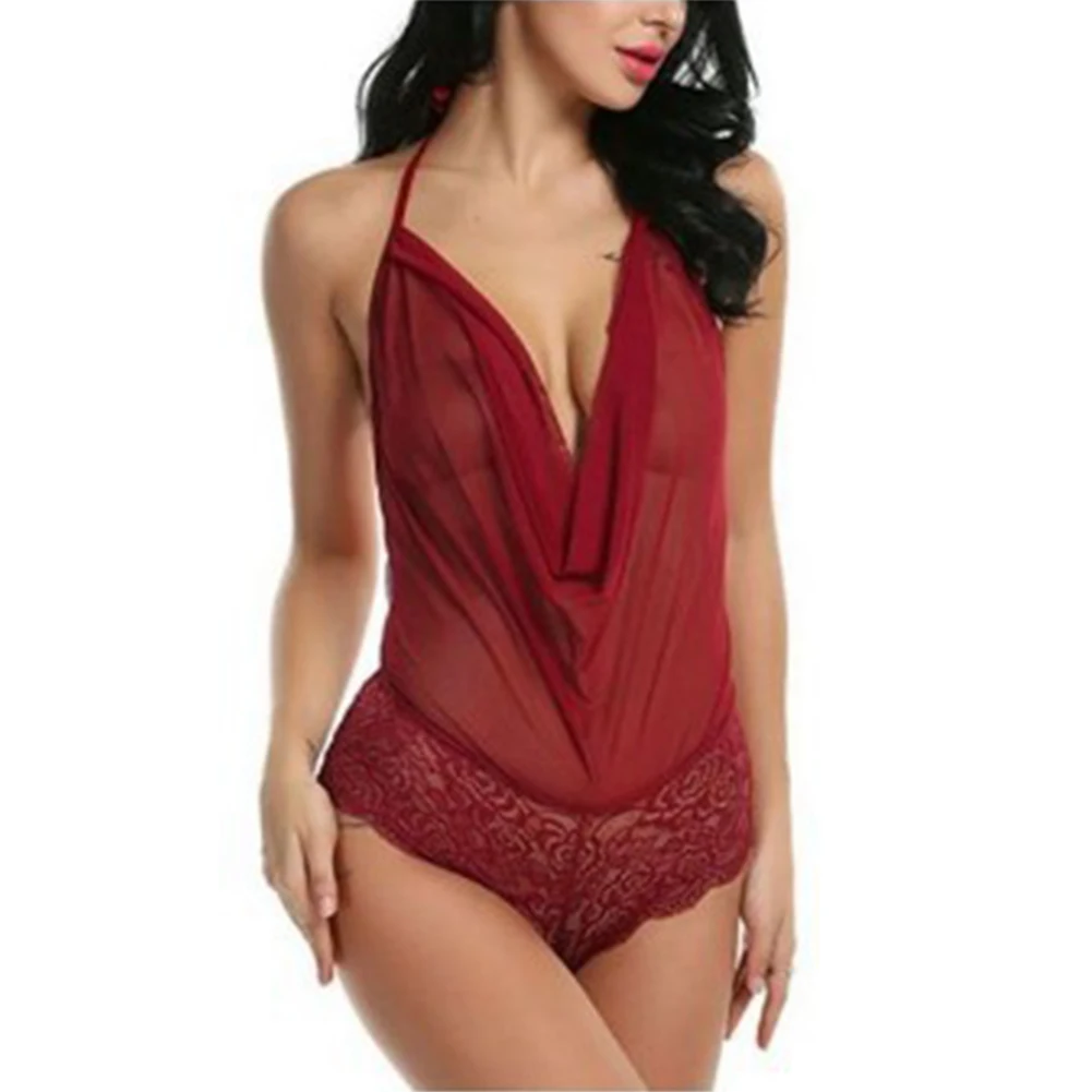 

Nightwear Perspective Women Lingerie Solid G String V Neck Lace One Piece Sexy Soft Sling Backless Home Teddies