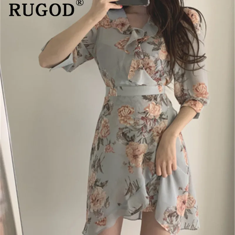 RUGOD الكورية الأزهار المطبوعة الشيفون النساء اللباس أزياء فانوس الأكمام الدانتيل يصل السيدات اللباس vestidos 2019 الكشكشة الصيف فساتين