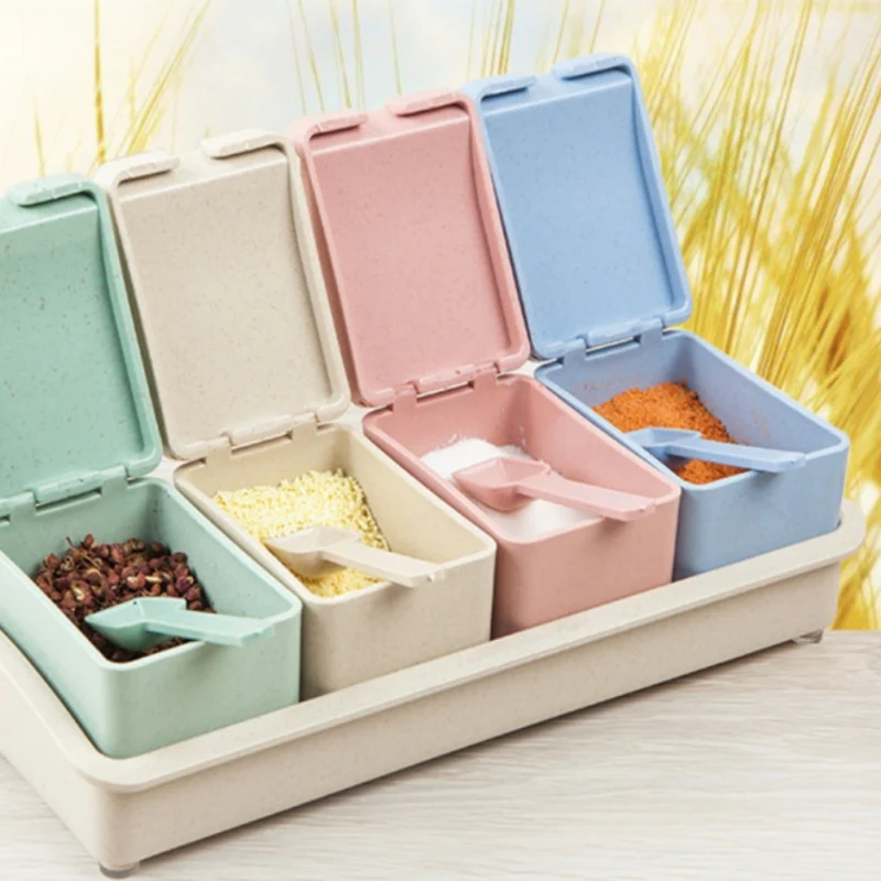 

4 Pcs/lot, Dust-proof Wheat Straw Jar Set with 4 Colors, Kitchen Seasoning Containers For Salt And Pepper Kitchen Tools