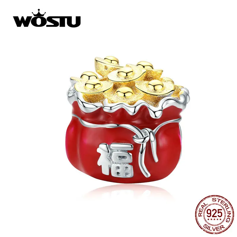 

WOSTU Lucky Fortune Bag Beads 100% 925 Sterling Silver Red Enamel Charm Fit Original Bracelet Pendant Jewelry Making CTC100