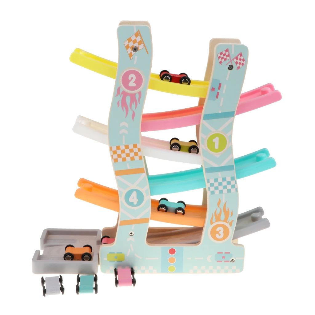 Wooden Slider Click Clack Race Track Playset with 6 Race Cars, Kids Toddlers Preschool Educational Toy, 6 Levels
