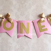 Изготовленный На Заказ Розовый Золотой один баннер высокий стул бандаж первый флажок на день рождения ребенка 1-й 2-й 3-й день рождения украшения домашняя лента бант