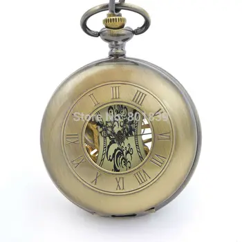 

H187 Bronze Tone Men's Skeleton Hollow Case Engraved hand Wind Up Mechanical Pocket Watch W/ Chain New Nice Gift