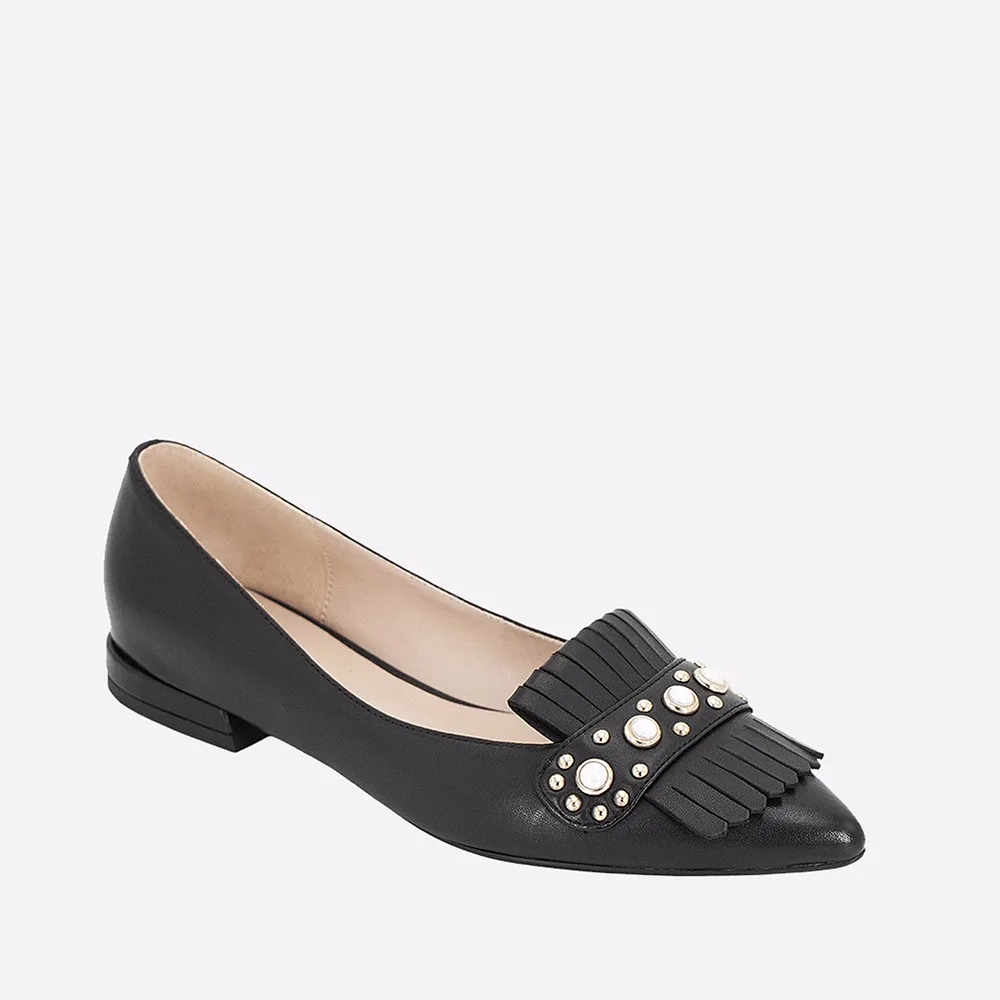 

SOPHITINA Casual Flats Pearl And Fringe Matching Pointed Toe Black Genuine Leather Women Shoes Kid Suede Office Lady Flats P12